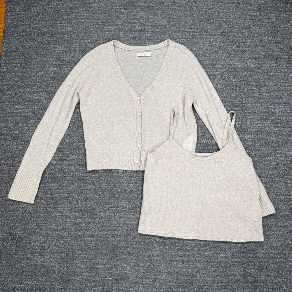 Abercrombie & Fitch Merino Wool Sweater Set Women Large Beige Cardigan Cami Knit
